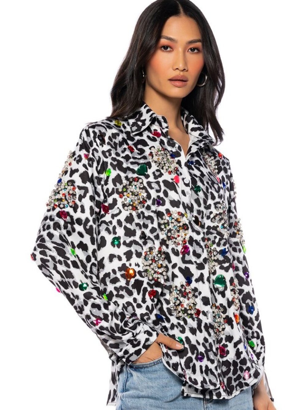 NWT AKIRA Animal Rose Embellished Leopard Button Down Shirt Size L